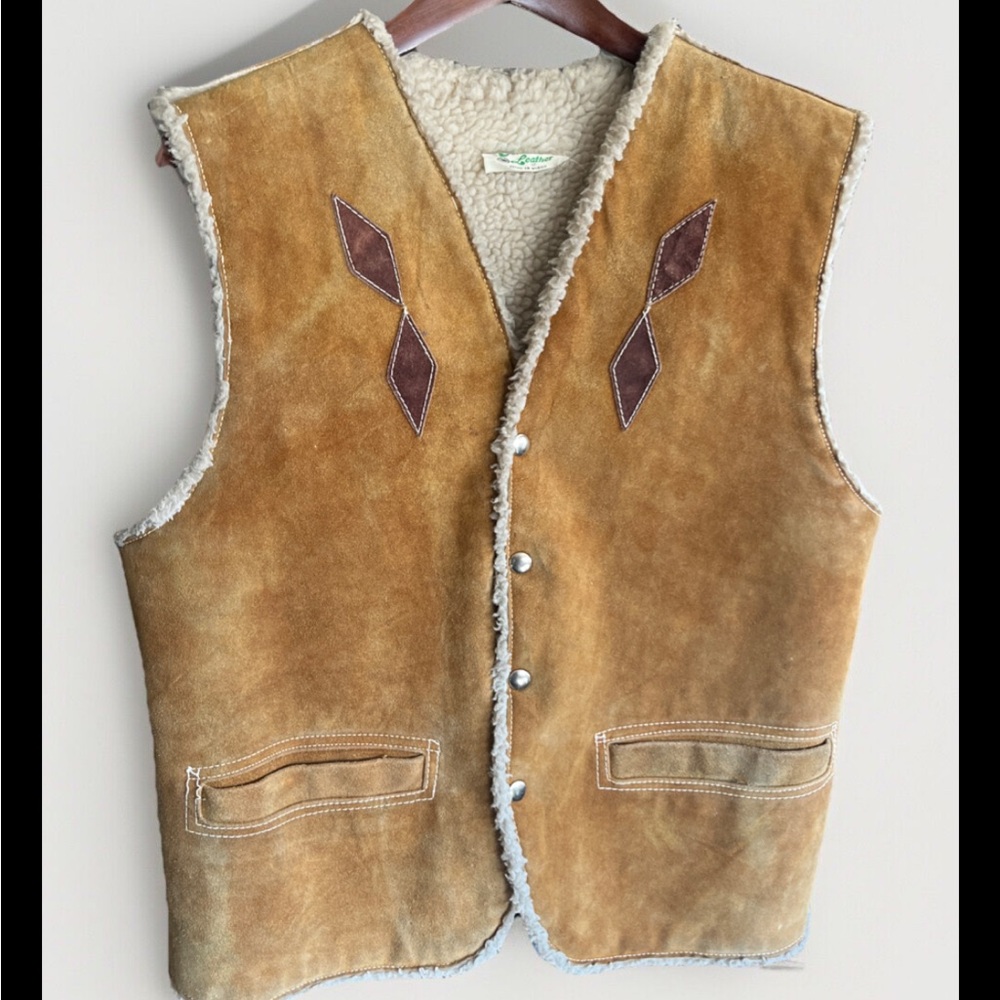 Vintage Sherpa Lined Brown Leather Snap button Vest Made In Mexico